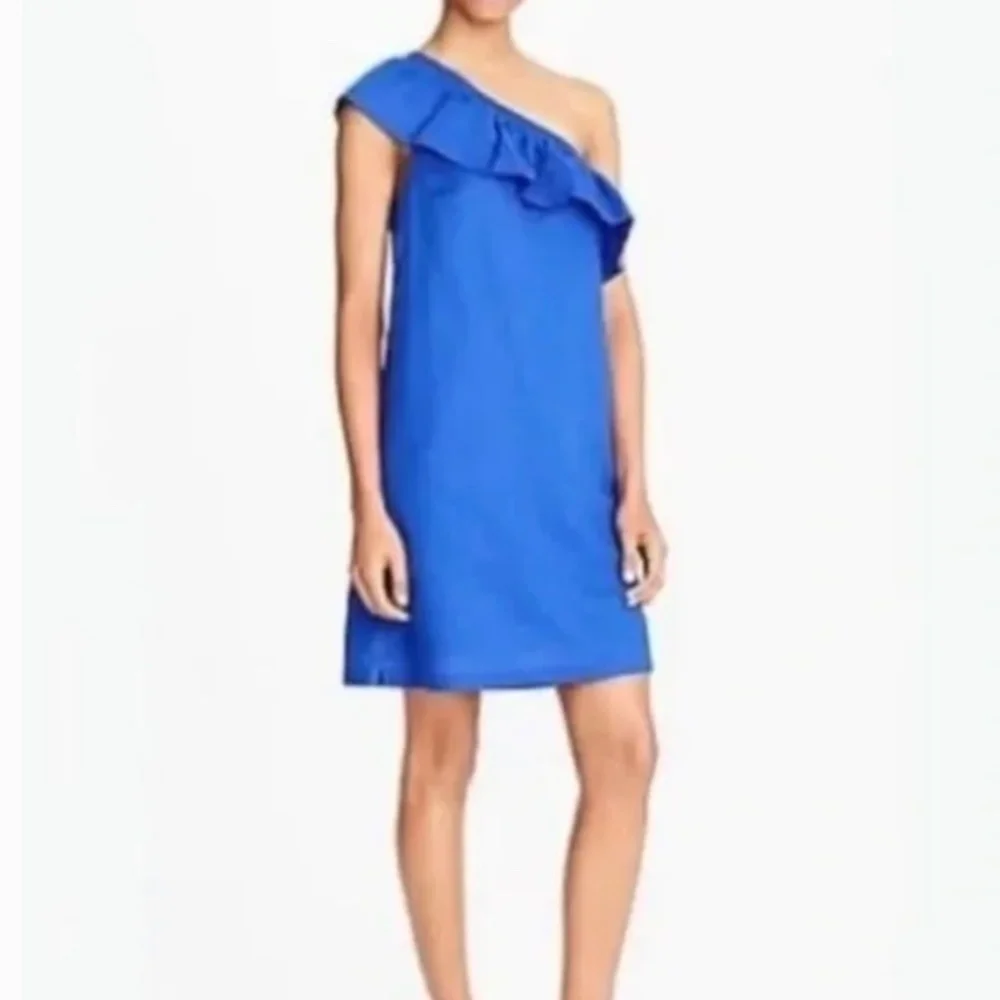 J. Crew Ruffle One Shoulder Linen Blend Shift Dress Royal Blue Women's XS